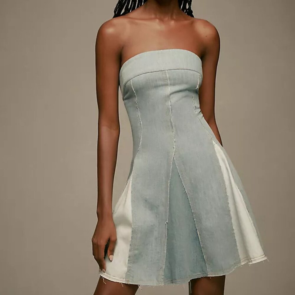 Anthropologie Pilcro STRAPLESS Seamed Denim MINI Dress M $168 BRUTE Denim BOHO